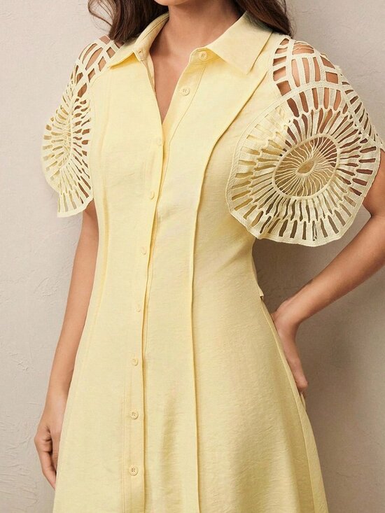 Yellow Elegant Women's Single-Breasted Hollow-Out Patchwork Long Shirt Dress - Picture 4 of 5